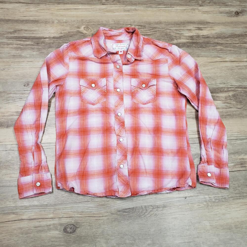 Panhandle Shirt Girls Medium Orange Plaid Long Sleeve Pearl Snap Western Cotton